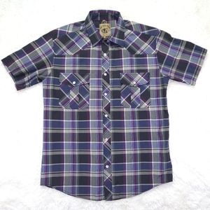 Coevals Club Purple and Blue Plaid Pearl Snap Short Sleeve Size M